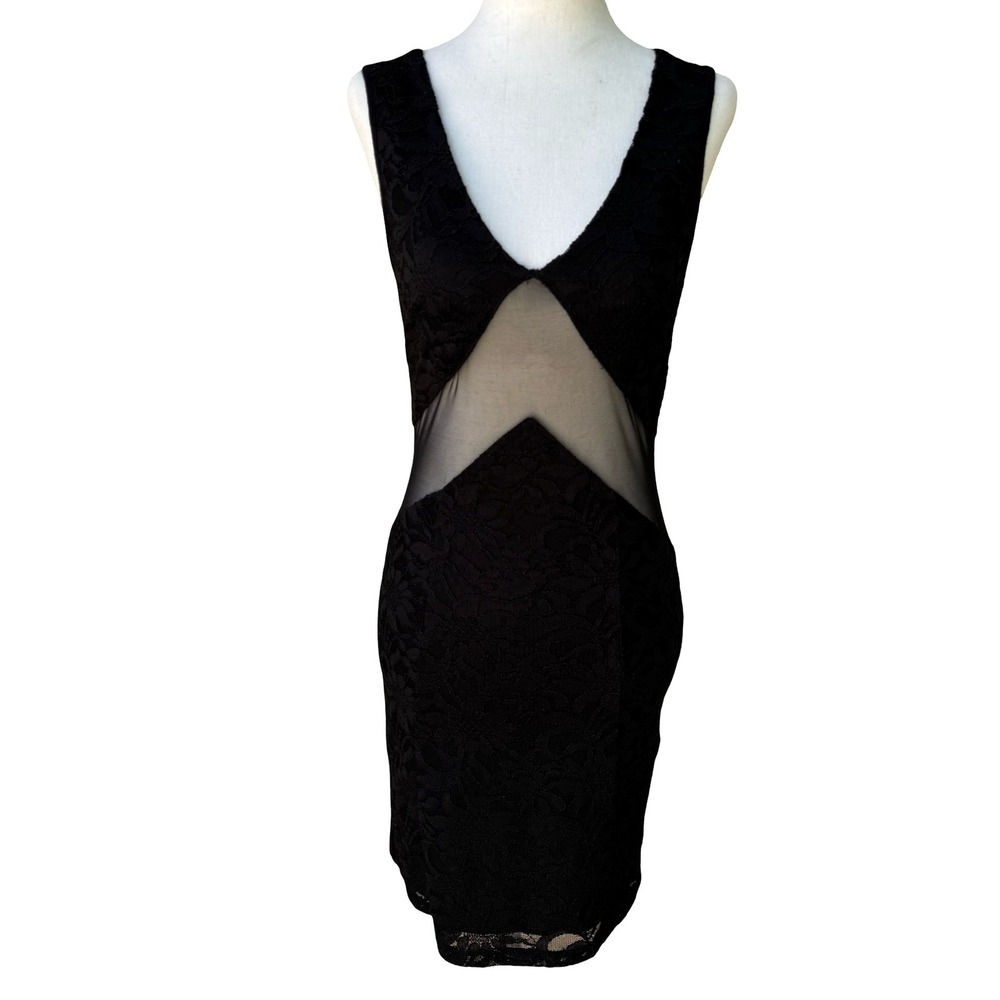 Black Floral Lace Mesh Cutout Bodycon Mini Cocktail Dress Open Back Sleeveless S